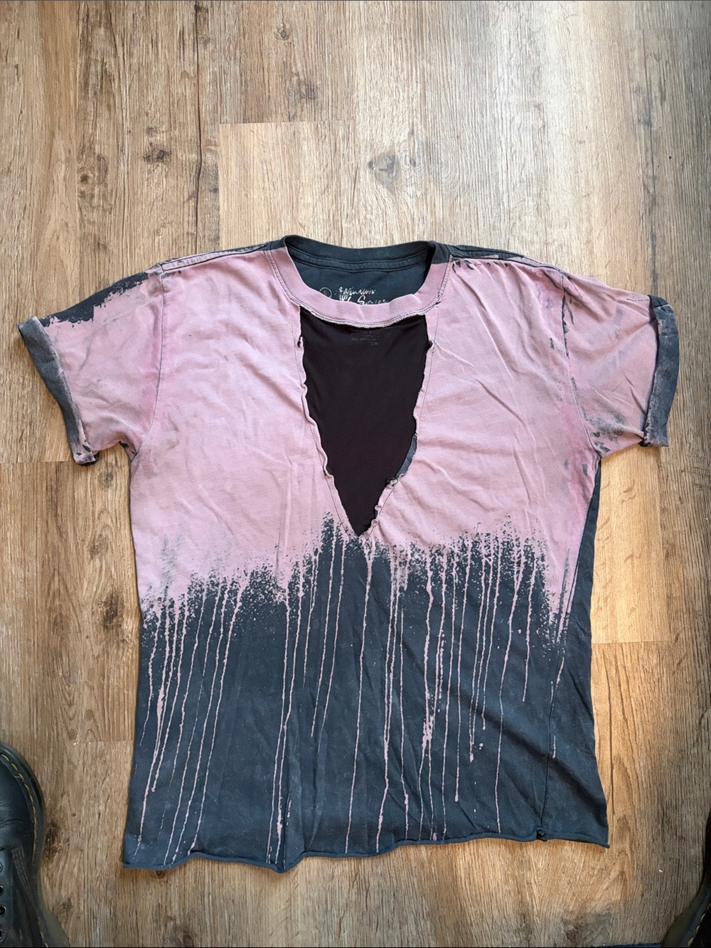 Affliction Two-Tone Pink and Charcoal Distressed Short Sleeve Tee